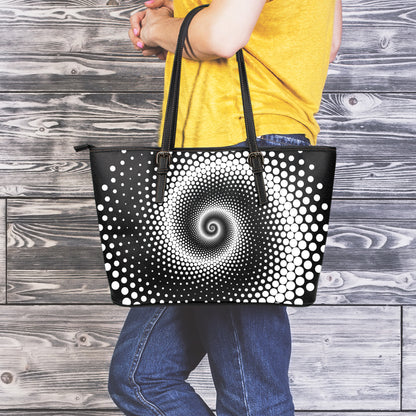 Black And White Spiral Dot Print Leather Tote Bag