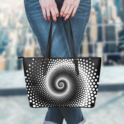 Black And White Spiral Dot Print Leather Tote Bag