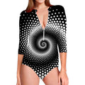 Black And White Spiral Dot Print Long Sleeve Swimsuit
