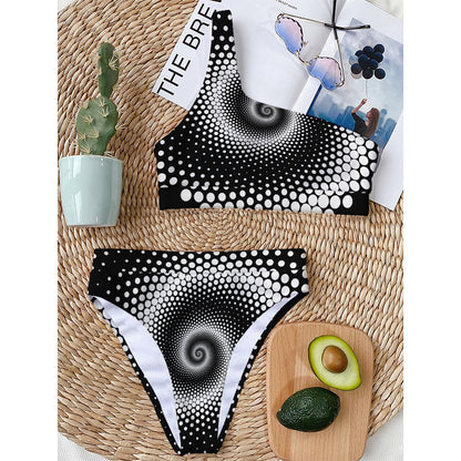 Black And White Spiral Dot Print One Shoulder Bikini Top