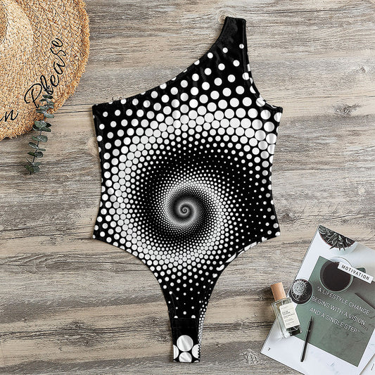 Black And White Spiral Dot Print One Shoulder Bodysuit