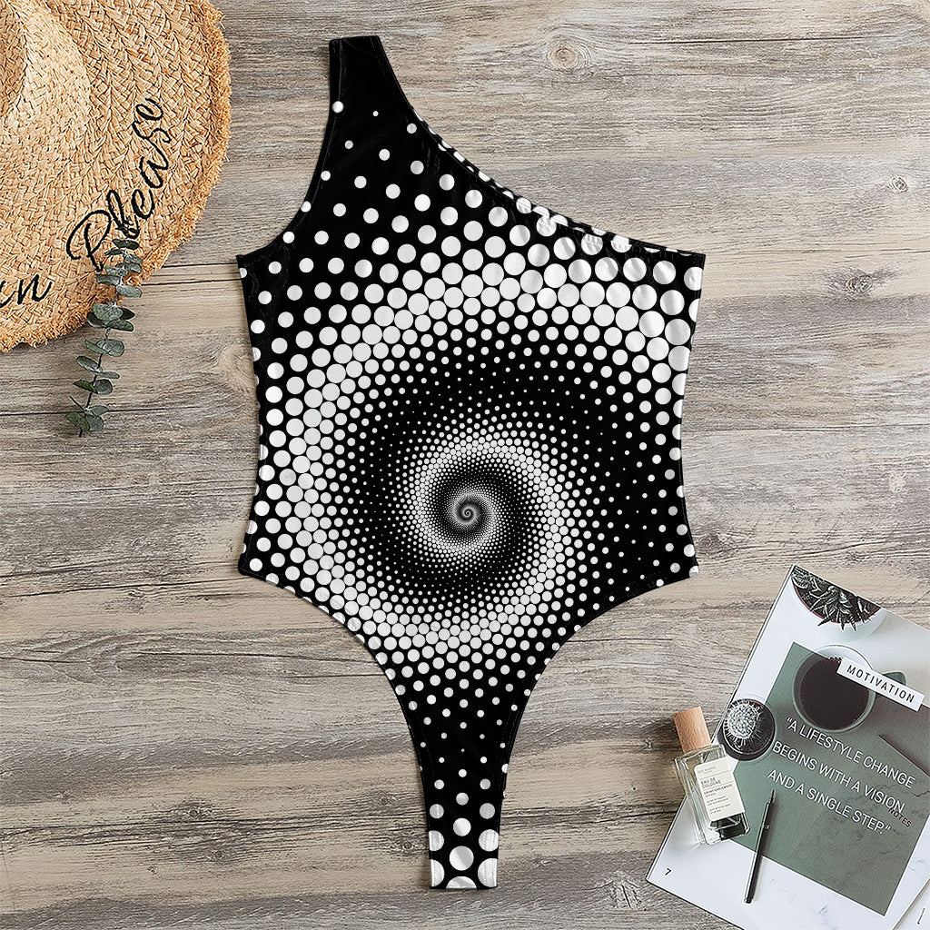 Black And White Spiral Dot Print One Shoulder Bodysuit