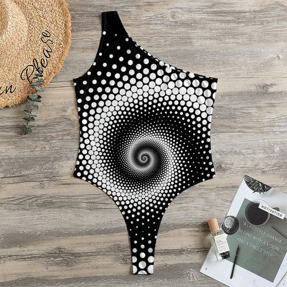 Black And White Spiral Dot Print One Shoulder Bodysuit