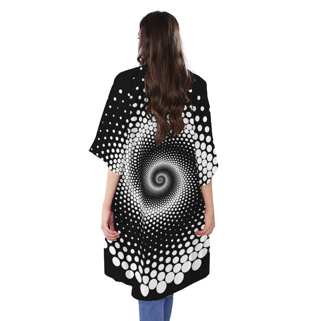 Black And White Spiral Dot Print Open Front Beach Cover Up