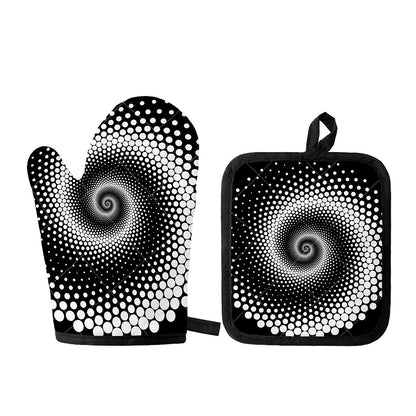 Black And White Spiral Dot Print Oven Mitt And Pot Holder Set