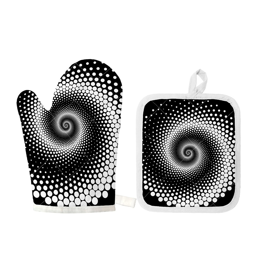Black And White Spiral Dot Print Oven Mitt And Pot Holder Set