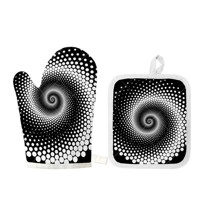 Black And White Spiral Dot Print Oven Mitt And Pot Holder Set