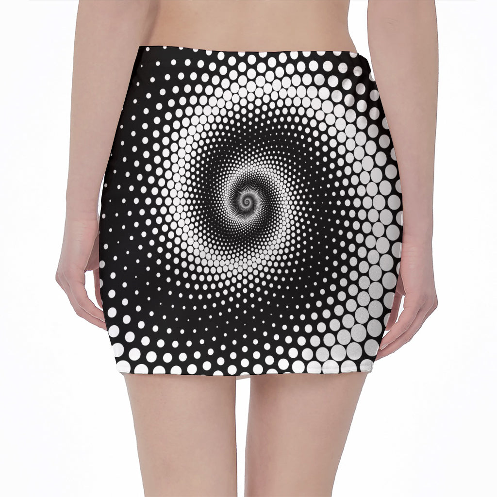 Black And White Spiral Dot Print Pencil Mini Skirt