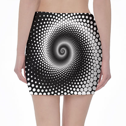 Black And White Spiral Dot Print Pencil Mini Skirt