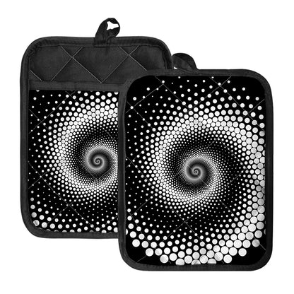 Black And White Spiral Dot Print Pot Holders With Pocket