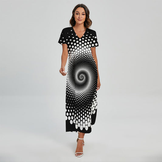 Black And White Spiral Dot Print Short Sleeve Maxi Dress