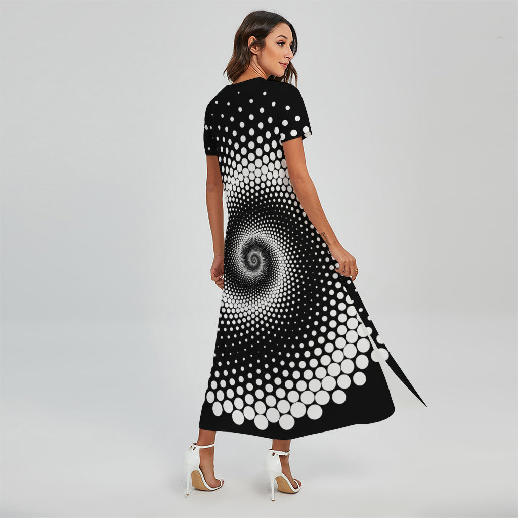 Black And White Spiral Dot Print Short Sleeve Maxi Dress