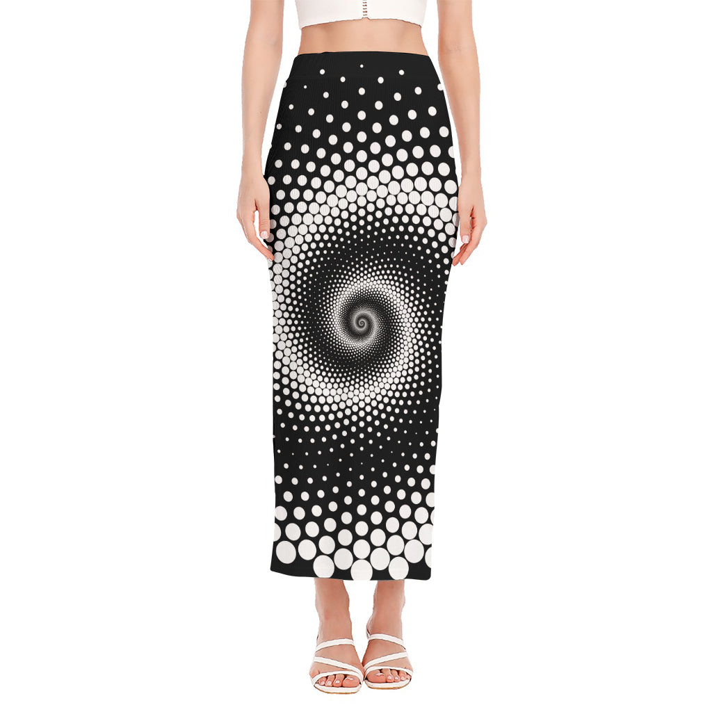 Black And White Spiral Dot Print Side Slit Maxi Skirt