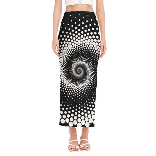 Black And White Spiral Dot Print Side Slit Maxi Skirt