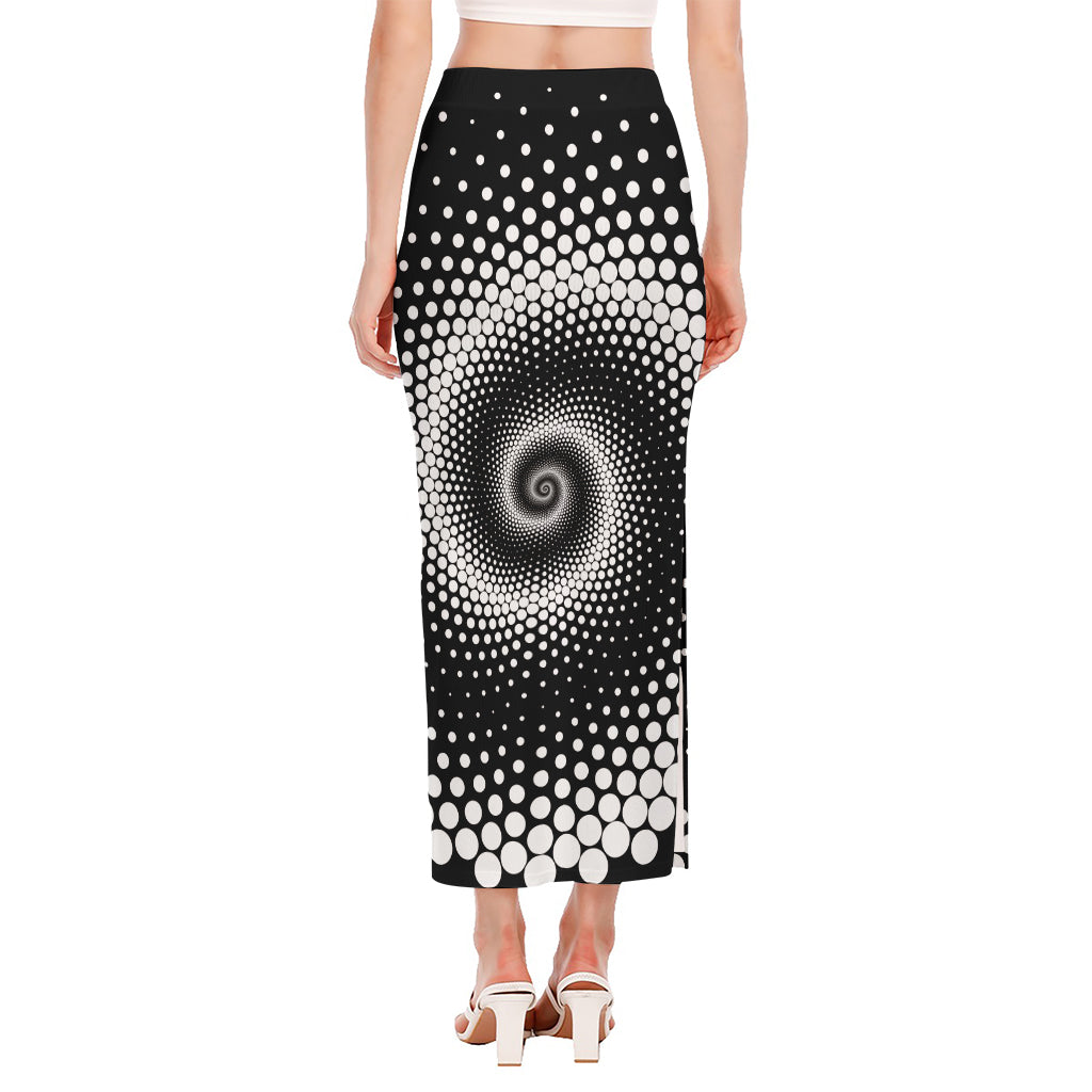 Black And White Spiral Dot Print Side Slit Maxi Skirt