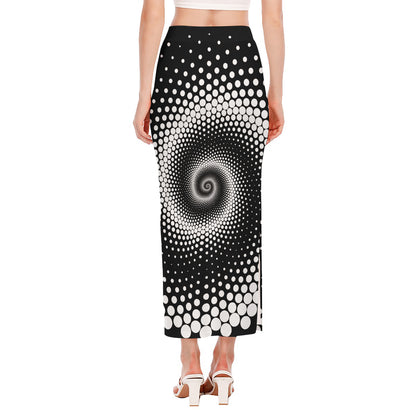 Black And White Spiral Dot Print Side Slit Maxi Skirt