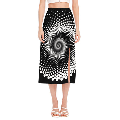 Black And White Spiral Dot Print Side Slit Midi Skirt