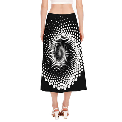 Black And White Spiral Dot Print Side Slit Midi Skirt