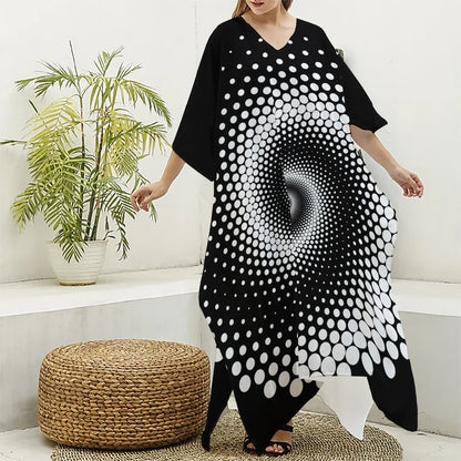 Black And White Spiral Dot Print Silk V-Neck Kaftan Dress