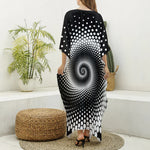 Black And White Spiral Dot Print Silk V-Neck Kaftan Dress