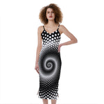 Black And White Spiral Dot Print Slim Fit Midi Cami Dress