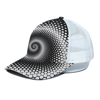 Black And White Spiral Dot Print White Mesh Trucker Cap