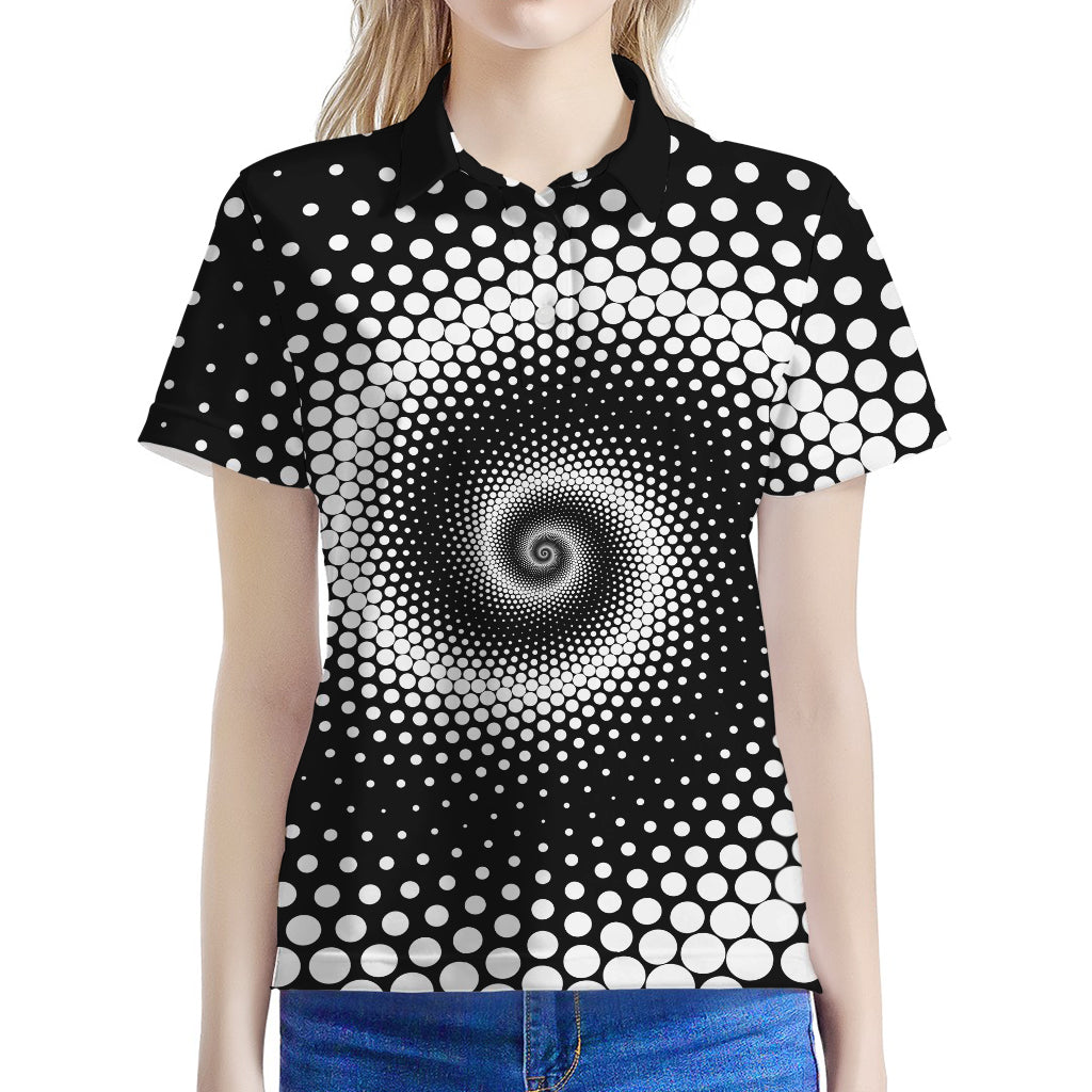 Black And White Spiral Dot Print Women's Polo Shirt
