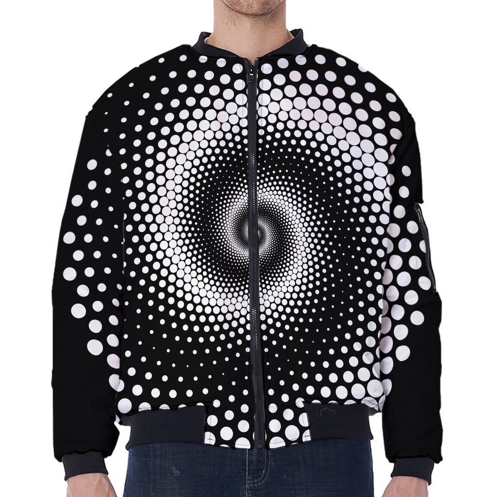 Black And White Spiral Dot Print Zip Sleeve Bomber Jacket