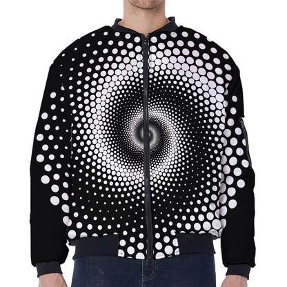 Black And White Spiral Dot Print Zip Sleeve Bomber Jacket