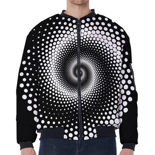 Black And White Spiral Dot Print Zip Sleeve Bomber Jacket