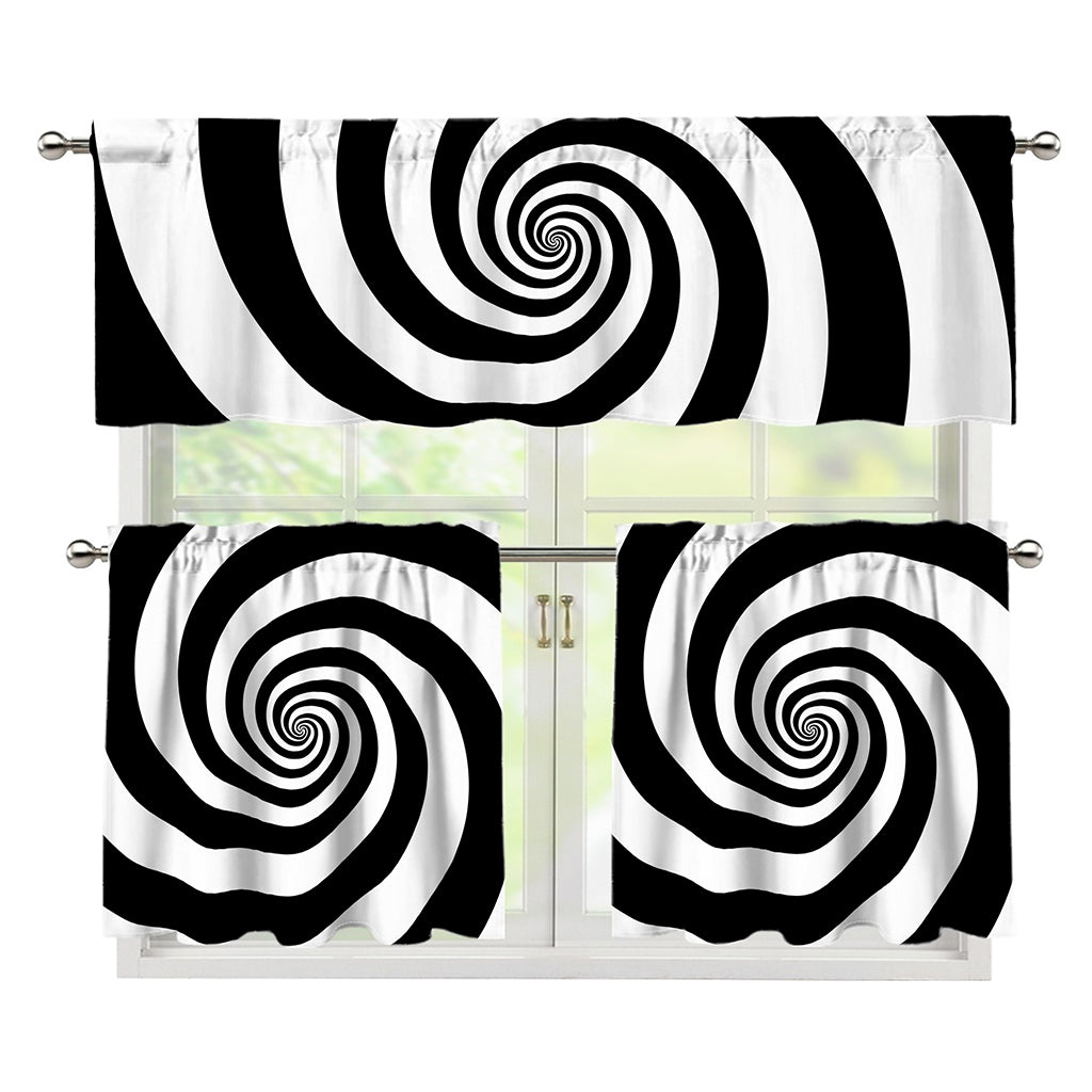 Black And White Spiral Illusion Print 3 Piece Kitchen Curtains