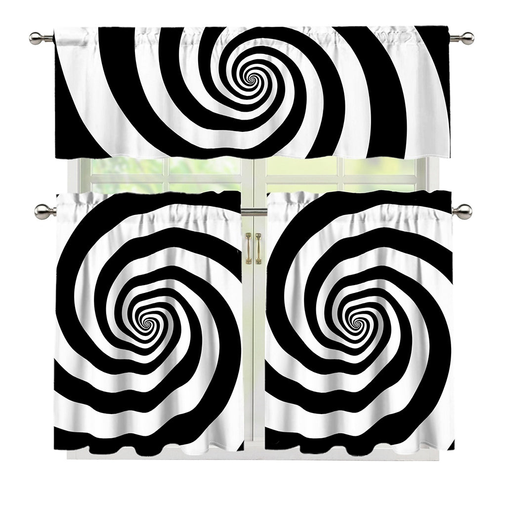 Black And White Spiral Illusion Print 3 Piece Kitchen Curtains