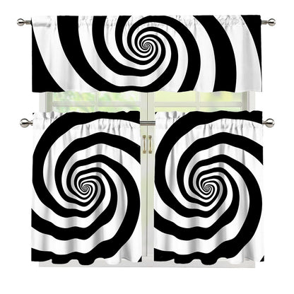 Black And White Spiral Illusion Print 3 Piece Kitchen Curtains