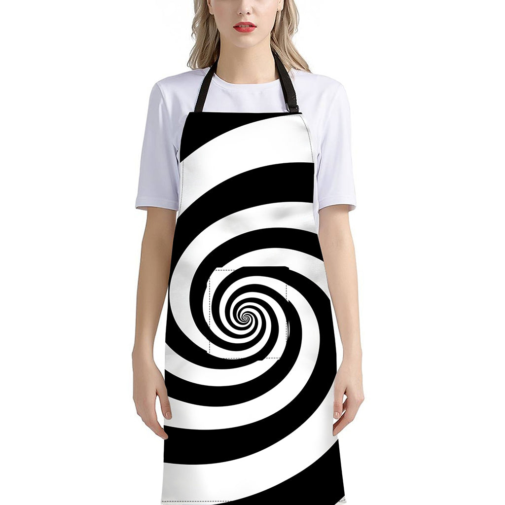 Black And White Spiral Illusion Print Bib Apron With Pocket