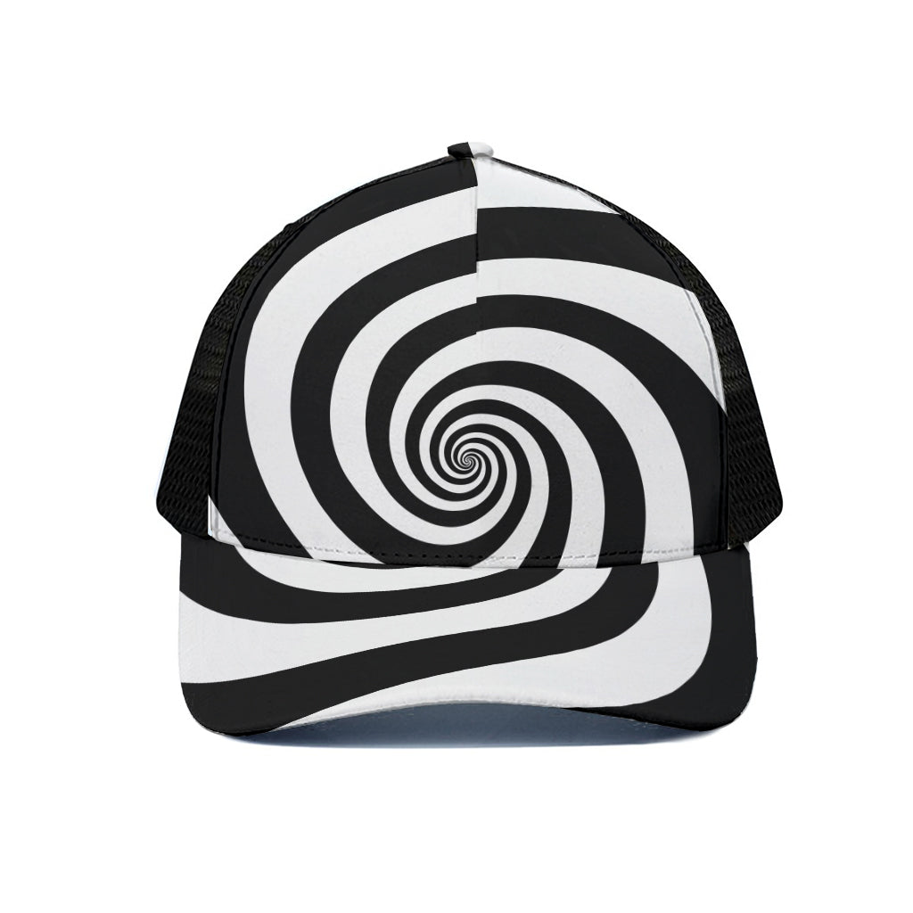 Black And White Spiral Illusion Print Black Mesh Trucker Cap