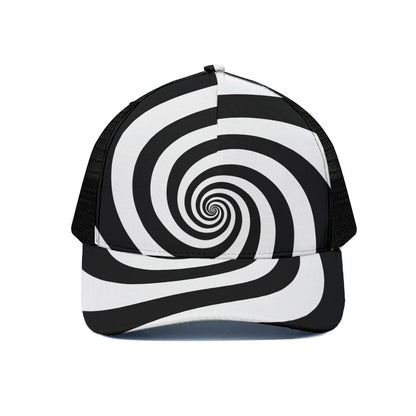 Black And White Spiral Illusion Print Black Mesh Trucker Cap