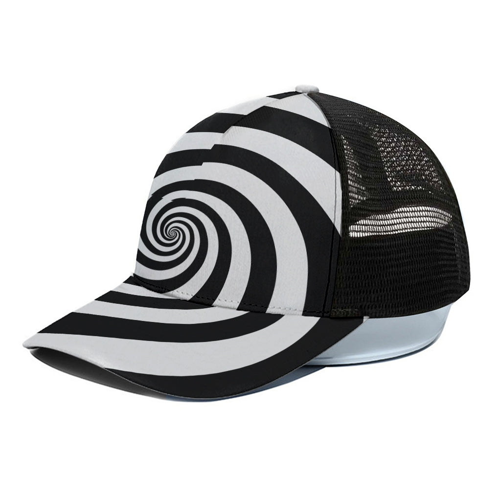 Black And White Spiral Illusion Print Black Mesh Trucker Cap
