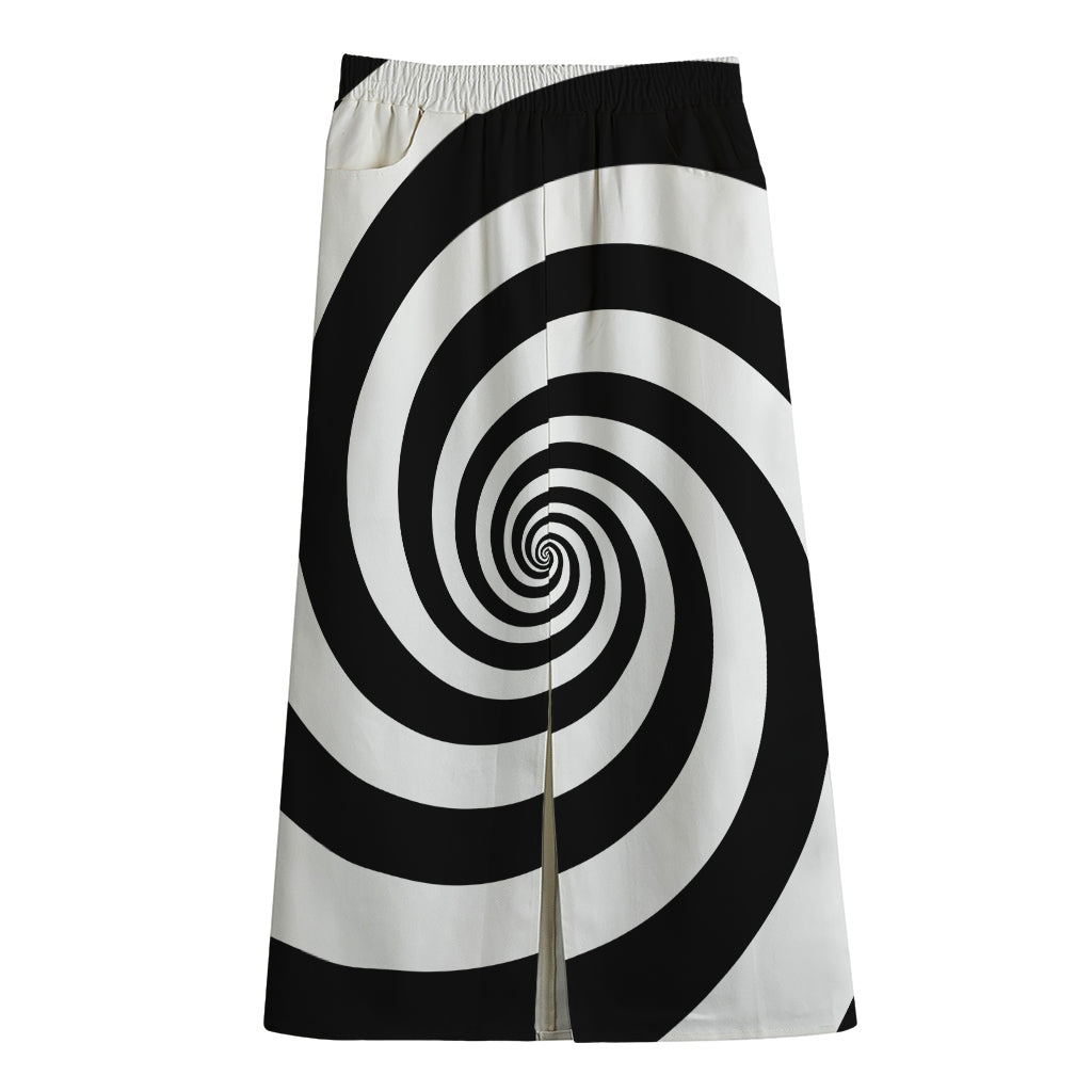 Black And White Spiral Illusion Print Cotton Front Slit Maxi Skirt