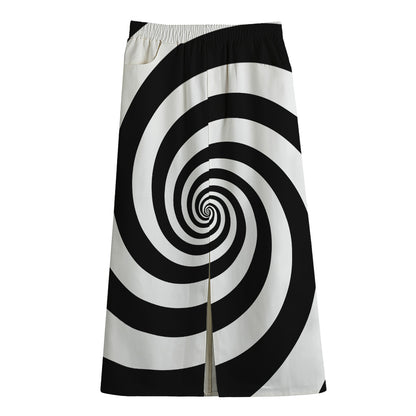 Black And White Spiral Illusion Print Cotton Front Slit Maxi Skirt