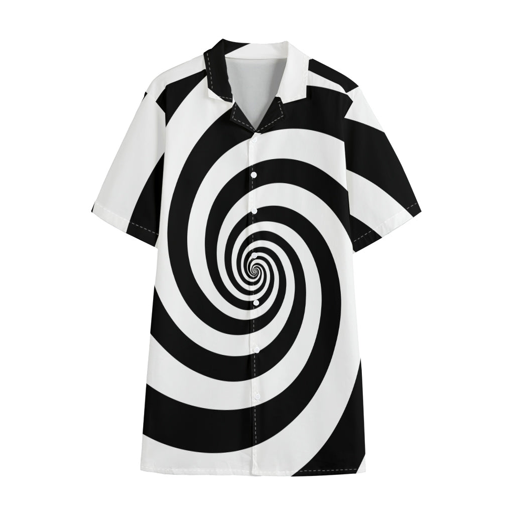 Black And White Spiral Illusion Print Cotton Hawaiian Shirt