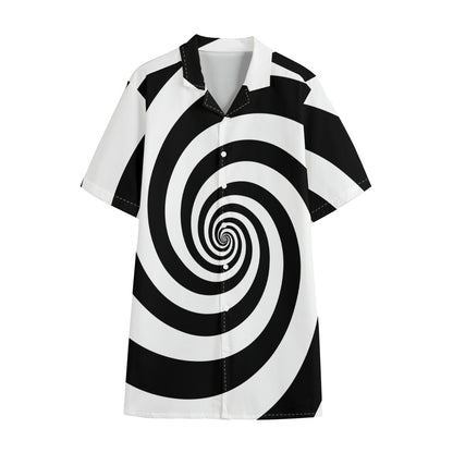 Black And White Spiral Illusion Print Cotton Hawaiian Shirt