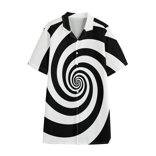 Black And White Spiral Illusion Print Cotton Hawaiian Shirt