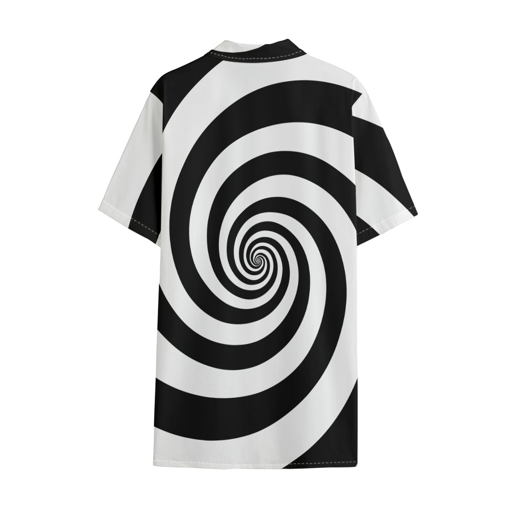 Black And White Spiral Illusion Print Cotton Hawaiian Shirt