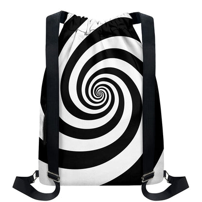 Black And White Spiral Illusion Print Drawstring Backpack