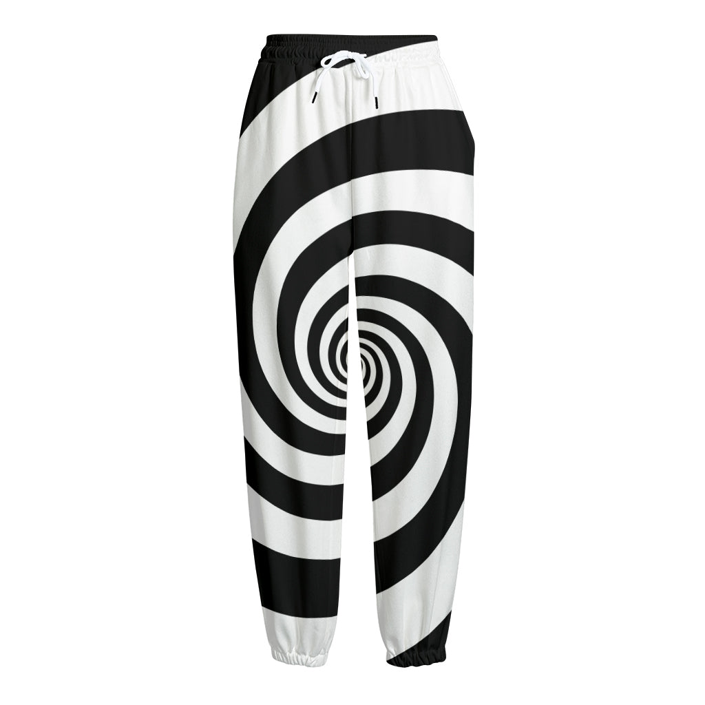 Black And White Spiral Illusion Print Fleece Lined Knit Pants