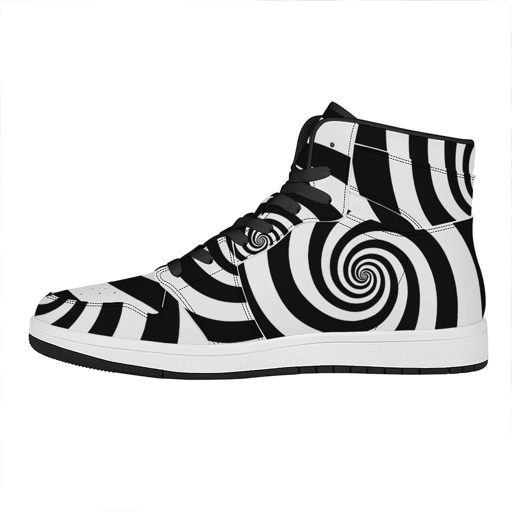 Black And White Spiral Illusion Print High Top Leather Sneakers