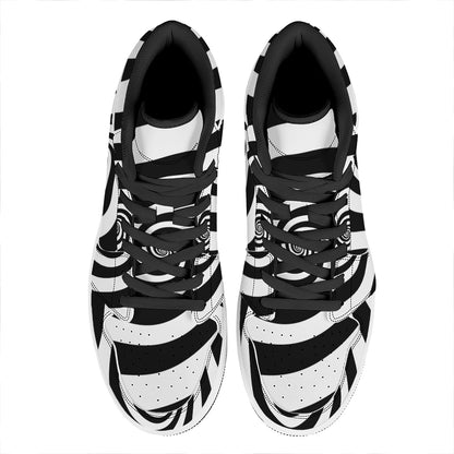 Black And White Spiral Illusion Print High Top Leather Sneakers