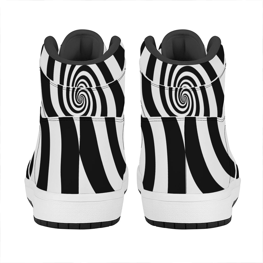 Black And White Spiral Illusion Print High Top Leather Sneakers