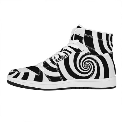 Black And White Spiral Illusion Print High Top Leather Sneakers