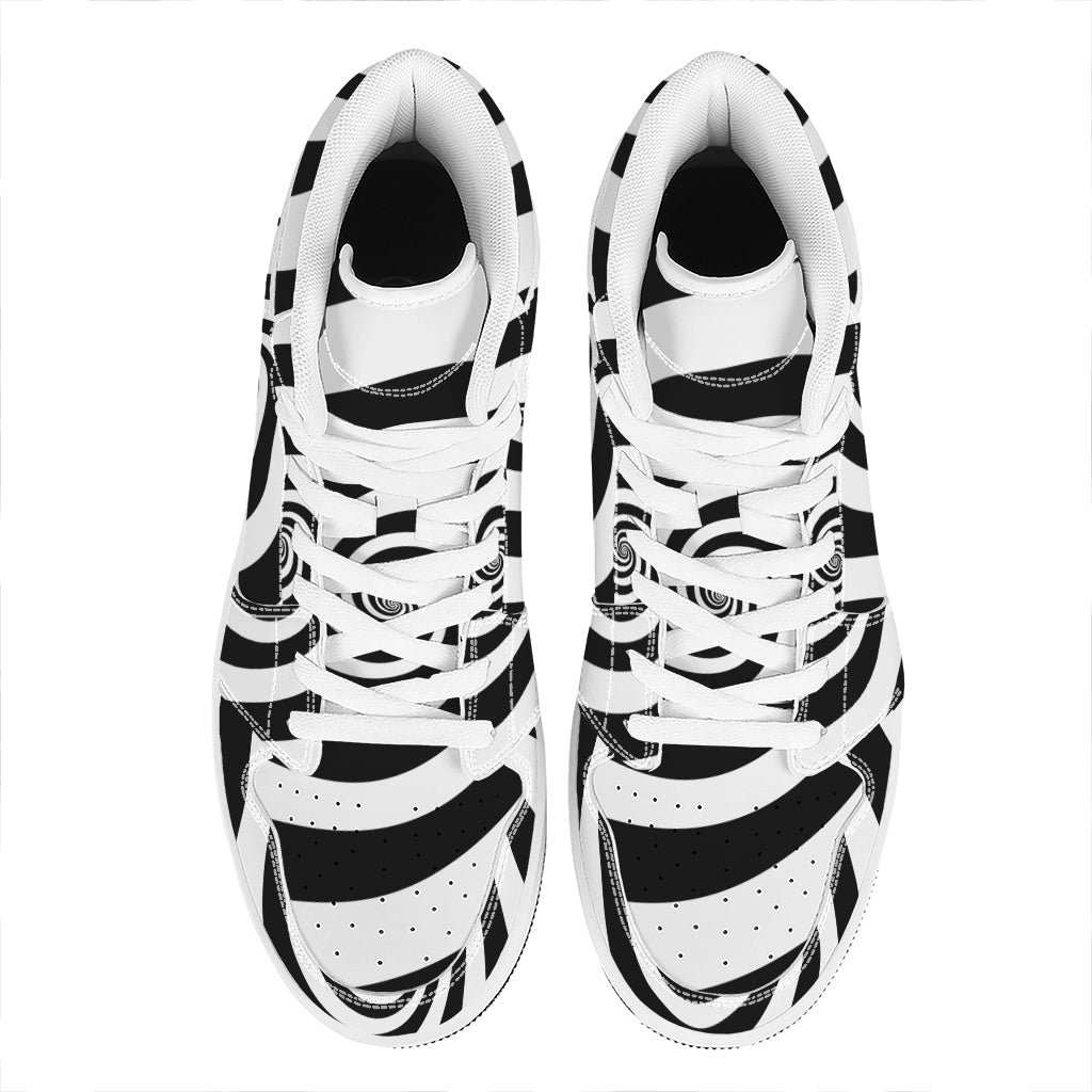 Black And White Spiral Illusion Print High Top Leather Sneakers